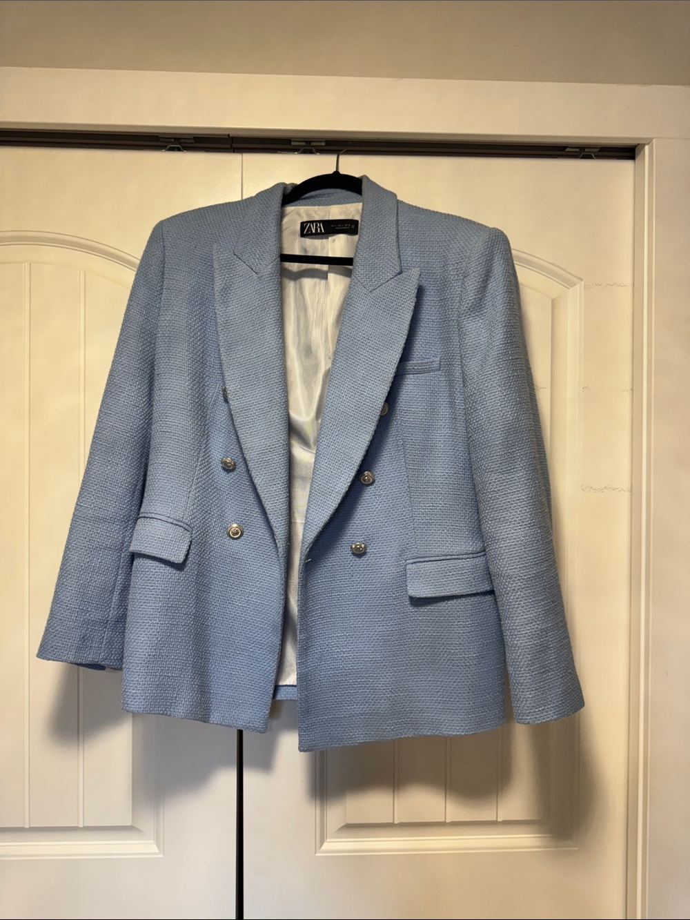 Zara Pale Blue Double-Breasted Textured Blazer